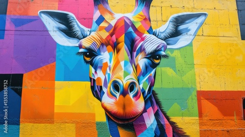 A colorful mural on a brick wall depicts a vibrant, geometric giraffe.