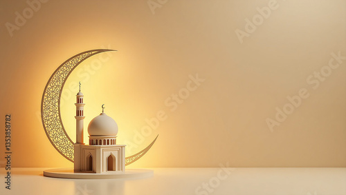 islamic background with crescent moon and mosque, for ramadan kareem, iftar, miraj, eid al fitr, eid al adha with copy space, festive invitation