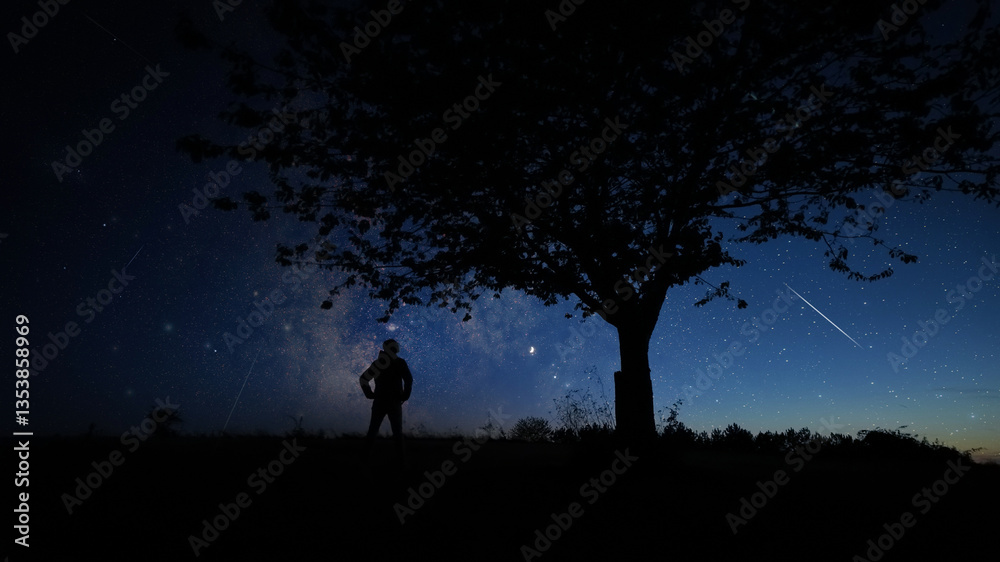 Silhouette of a man and countryside under the stars and Moonligh