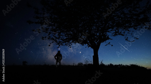 Obraz na płótnie Silhouette of a man and countryside under the stars and Moonligh w salonie