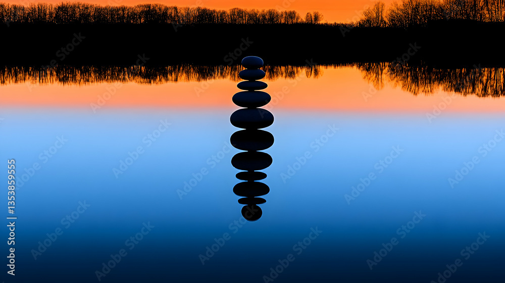 Obraz premium balance stack of zen stones on beach during an emotional and peaceful sunset,