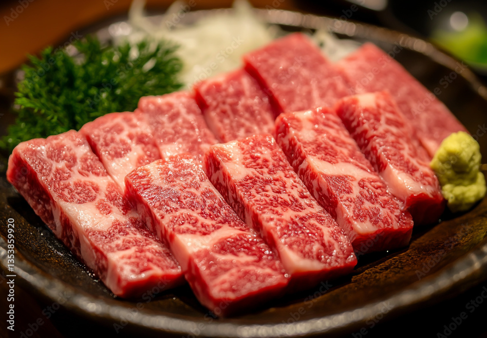 Kanazawa beef, cut into pieces and placed on the plate in the Japanese style, with rich marbling that gives it an attractive appearance Kanazawa beef, cut into pieces and placed on the plate in the Japanese style, with rich marbling that gives it an attractive appearance