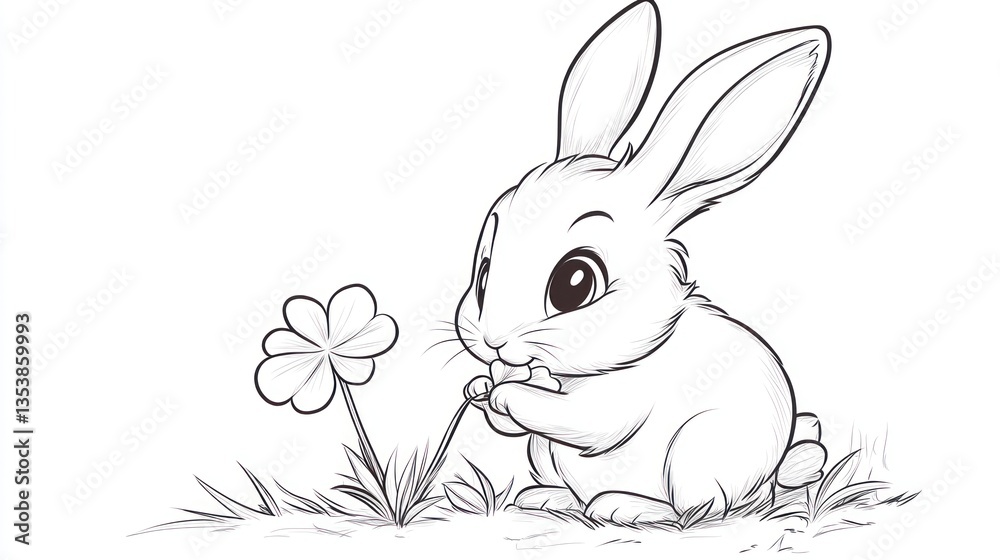 Fototapeta premium Adorable bunny rabbit looking at a clover