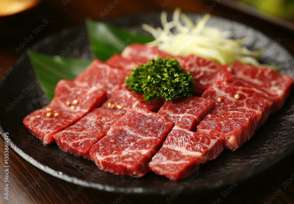 Kanazawa beef, cut into pieces and placed on the plate in the Japanese style, with rich marbling that gives it an attractive appearance Kanazawa beef, cut into pieces and placed on the plate in the Japanese style, with rich marbling that gives it an attractive appearance