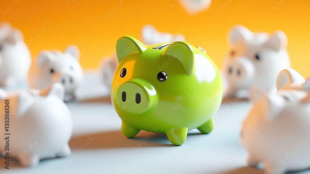 Vibrant green piggy bank prominently displayed among smaller white piggy banks creating a captivating contrast against a softly blurred orange background Vibrant green piggy bank prominently displayed among smaller white piggy banks creating a captivating contrast against a softly blurred orange background