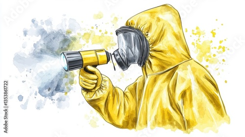 Watercolor Illustration of a Person in Hazmat Suit Using a Disinfection Sprayer