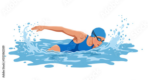 Woman Swimmimg Freestyle in Blue Water Vector Art on White