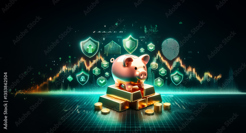Naklejka premium Piggy bank atop gold bars, surrounded by digital security shields and financial graphs. Depicts safe investment, savings growth and financial security in a digital world.