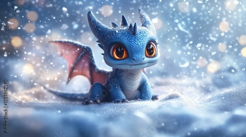 A cute, small, blue dragon with large amber eyes, tiny wings, and red inner ears sits in the snow.