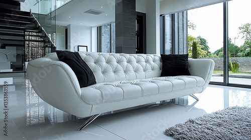 Modern white leather sofa in luxury home interior.