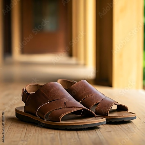 Pair of brown leather sandals on a cozy porch during early morning.