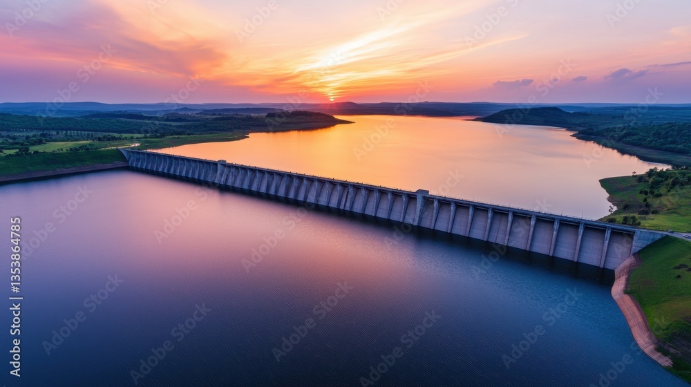 Obraz premium Reservoir dam during sunset Concept, Aerial View of Reservoir Dam Surrounded by Lush Landscape Under Vivid Sunset with Colorful Sky Reflection
