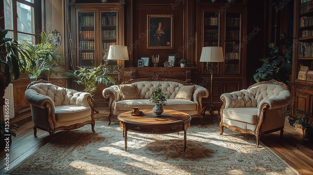 Fototapeta premium Sunlit antique living room with ornate furniture, bookshelves, and plants.