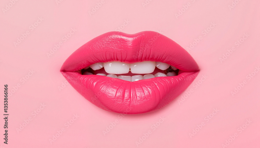 Obraz premium Close-up of pink lips smiling against a pink background