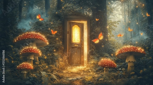 an image of the entrance to a forest with mushrooms and a door leading to a, magic doorway, magical portal gateway