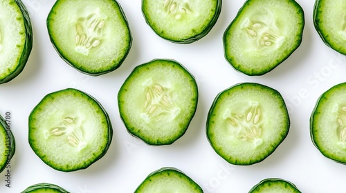 Fresh Cucumber Slices Arranged on White – Crisp, Hydrating, and Refreshing photo
