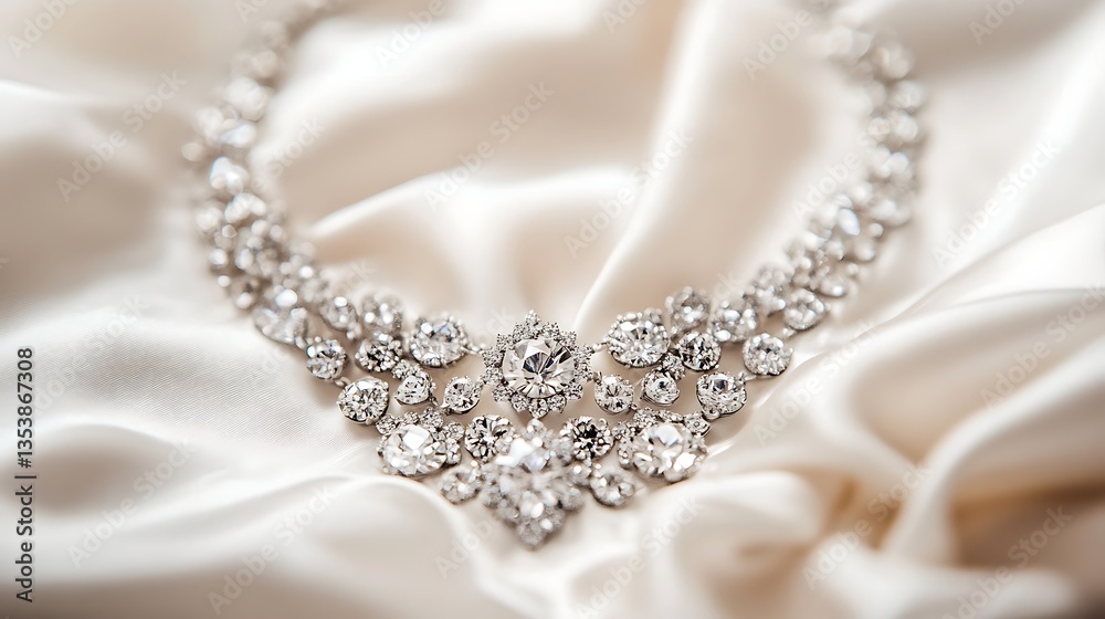 Obraz premium Elegant wedding jewelry with diamond engagement ring and wedding bands on white silk