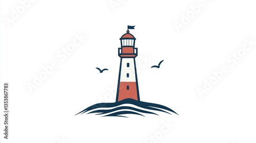 Coastal lighthouse beacon, guiding ships, calm sea, nautical illustration; website, travel