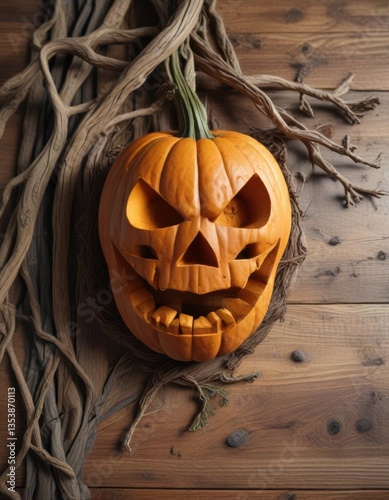 Close-up of carved jack-o-lantern on rustic wooden plank with twisted roots and vines , pumpkins, decoration