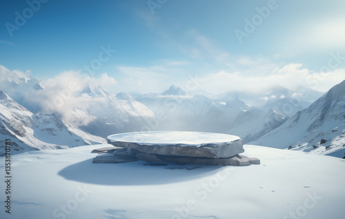 Breathtaking view from a mountaintop featuring a large flat stone surrounded by majestic snow-covered mountains under a clear blue sky during sunset. The serene atmosphere invites contemplation