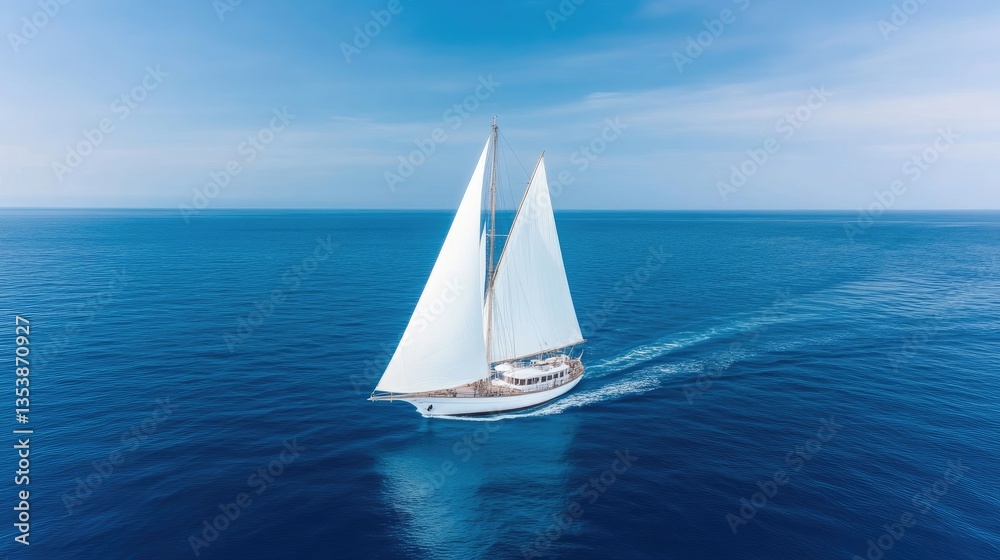 Obraz premium A majestic sailing yacht glides across a vast expanse of deep blue ocean under a vibrant clear sky