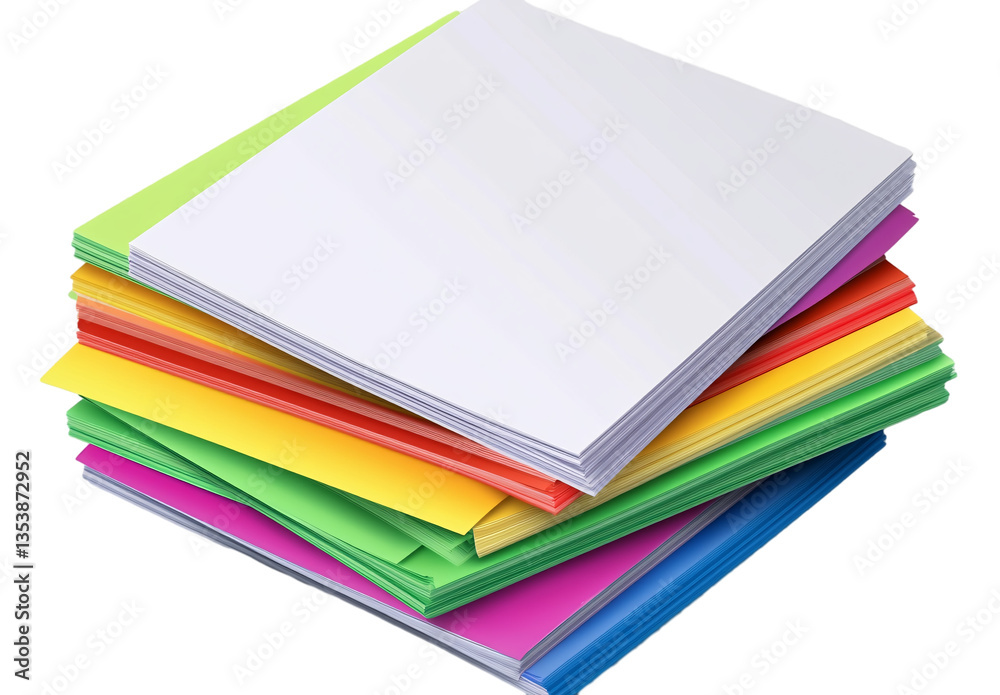stack of colorful papers with blank white pages on top, with a transparent background stack of colorful papers with blank white pages on top, with a transparent background