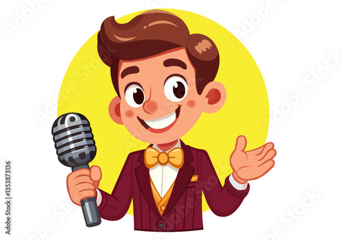 A young man in a bright suit stands holding a microphone and sings.