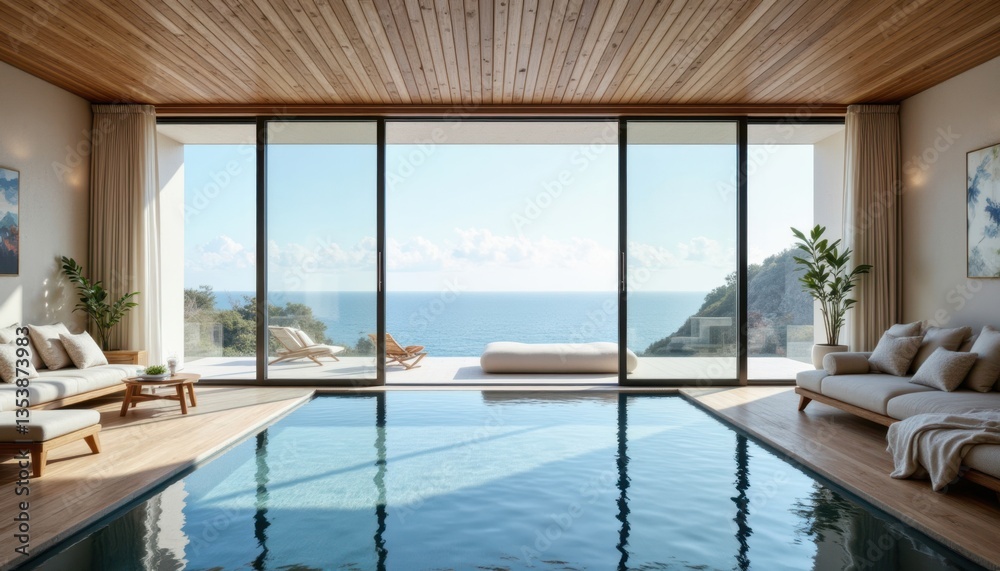 Fototapeta premium Create a cozy retreat by the ocean featuring an inviting indoor pool and large, floor to ceiling windows