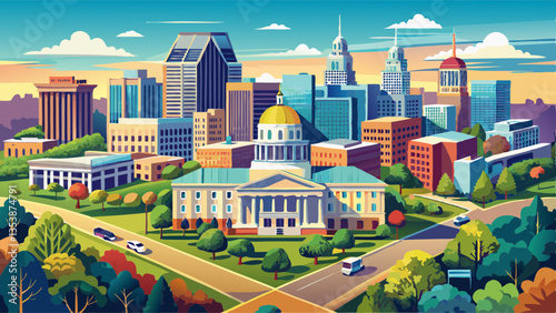 Aerial view of the North Carolina State Capitol and Raleigh skyline