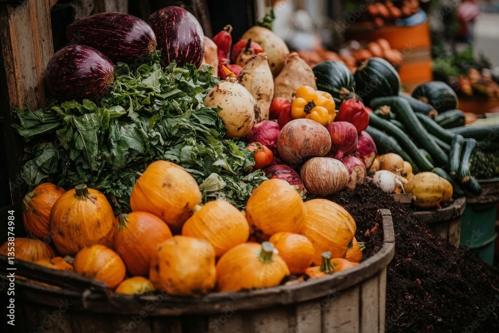 A large trash can filled with assorted vegetables and fruits. A large trash can filled with assorted vegetables and fruits.