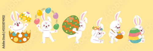 Cute white rabbit with colorful Easter eggs  Character in various movement for Easter Festival celebrations, Vector, Illustration