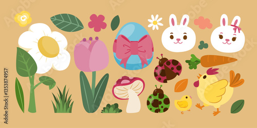 Cute white rabbit with colorful Easter eggs and Flower for Decoration for Easter Festival celebrations, Vector, Illustration