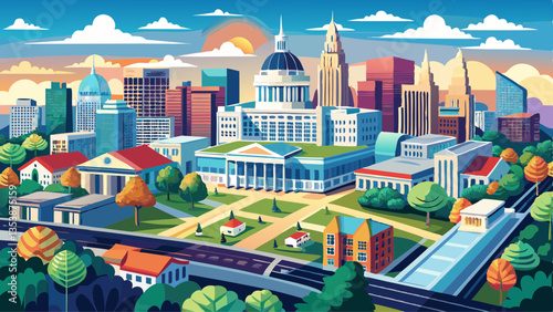 Aerial view of the North Carolina State Capitol and Raleigh skyline