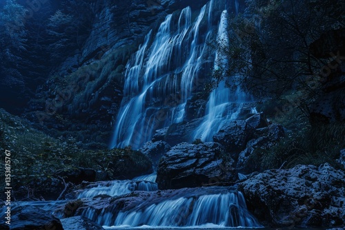 Detailed Color Image of Mystical Waterfall Illuminated at Night
