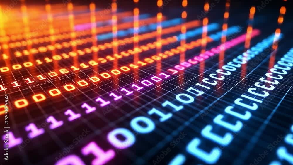 Colorful digital data streams with vibrant binary code showcase technology and innovation in dynamic visual effects.