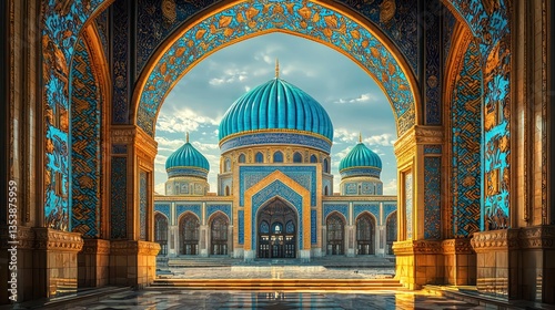 Ornate Archway Framing a Central Asian Mosque at Dawn
