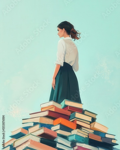 A person standing on a pile of books.