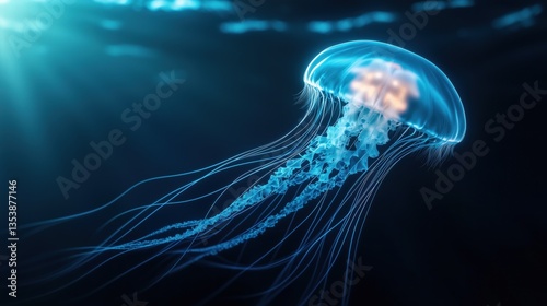 Translucent Jellyfish Glowing Softly in Black Abyss Captivating Deep Sea Minimalism Art