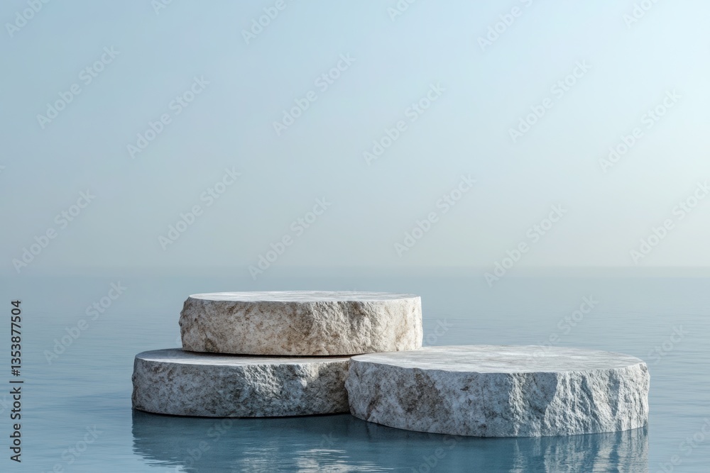 Fototapeta premium Tranquil water view with stone platforms reflecting a calm atmosphere at dawn