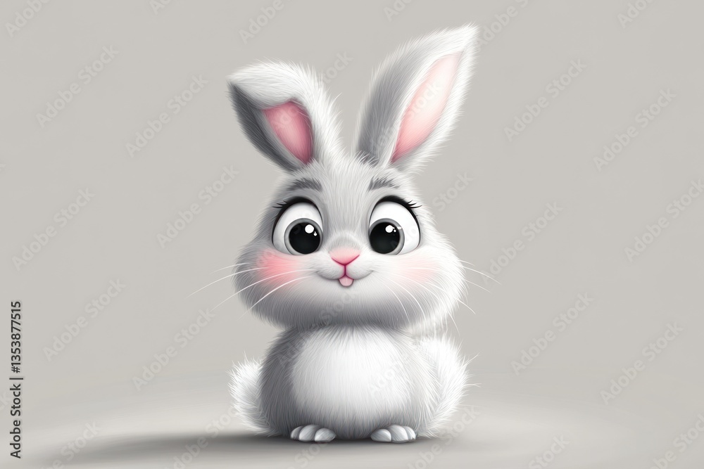 Obraz premium Adorable fluffy bunny rabbit, sitting, grey fur, big eyes