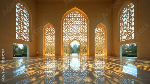 Sunlit Islamic architecture interior hall with ornate screens