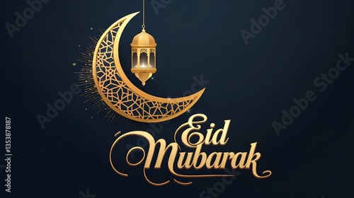 A graphic design asset showing a crescent moon and lantern. The text 