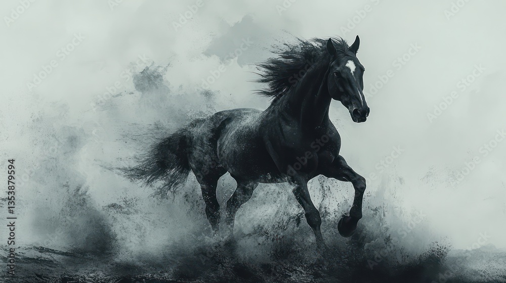 Black Horse Running Through Misty Terrain Black Horse Running Through Misty Terrain