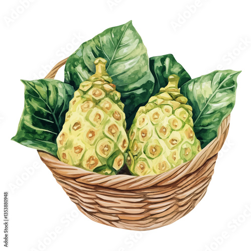 watercolor vector of Noni Basket, isolated on a white background.