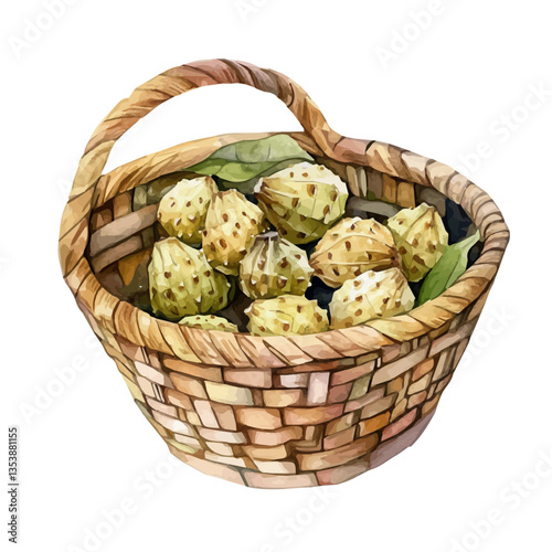 Noni Basket, watercolor vector, isolated on a white background.