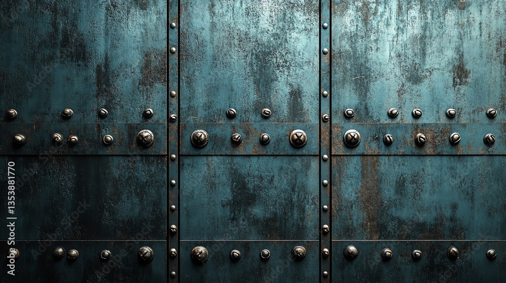 Fototapeta premium Rustic Teal Metal Wall: Weathered Panels, Industrial Design