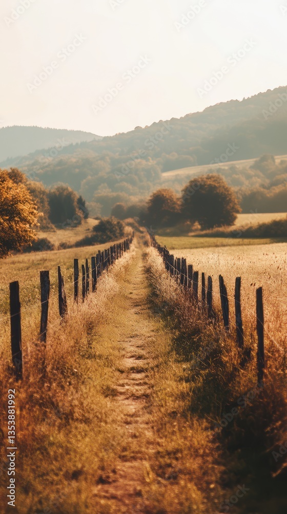 Fototapeta premium A pathway through fields bordered by a wooden fence leads onward