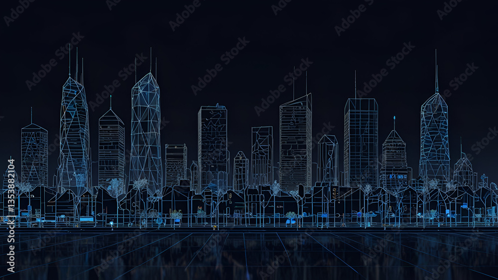 Fototapeta premium Futuristic Digital Smart City Skyline with Blue Holographic Wireframe Buildings Connected Dots and Technology Inspired Urban Infrastructure Concept