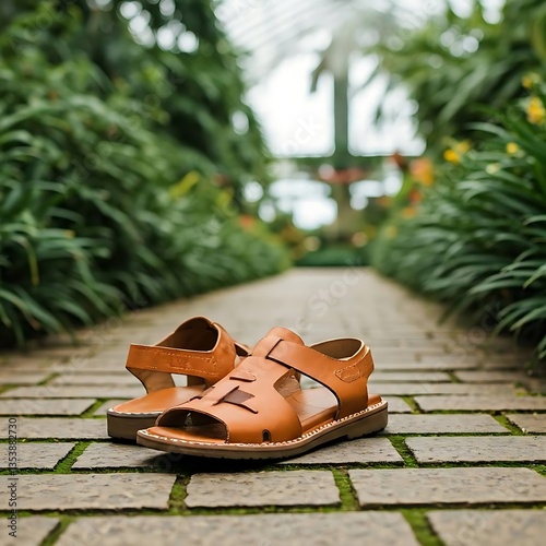  Tan leather sandals resting on a stone path in a botanical garden.