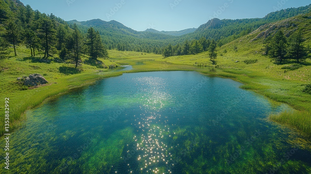 Obraz premium Mountain lake nestled in a valley, sunlight reflecting on clear water